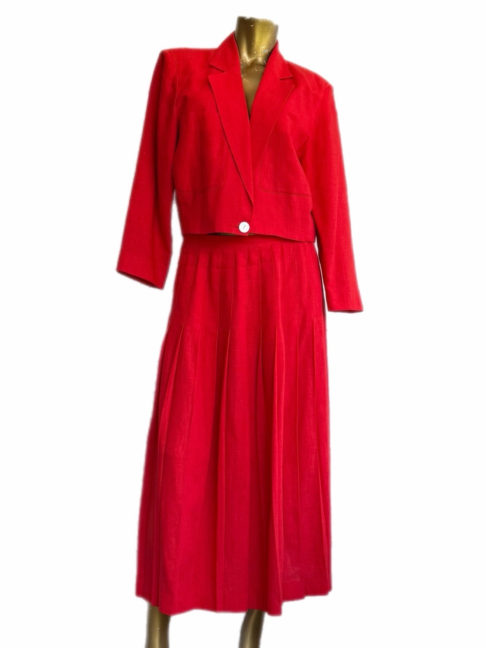 Vintage Courtenay Sanyo Red Ramie Blend Cropped Blazer Pleated Skirt Suit 12/14